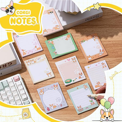 Sabary 9 Pads Sticky Notes 3.15 x 3.94 Inches Cute Self Sticky Note Pads Colored Adhesive Notepad for Memo Reminder Journal Studying Office Home Gift(Corgi)