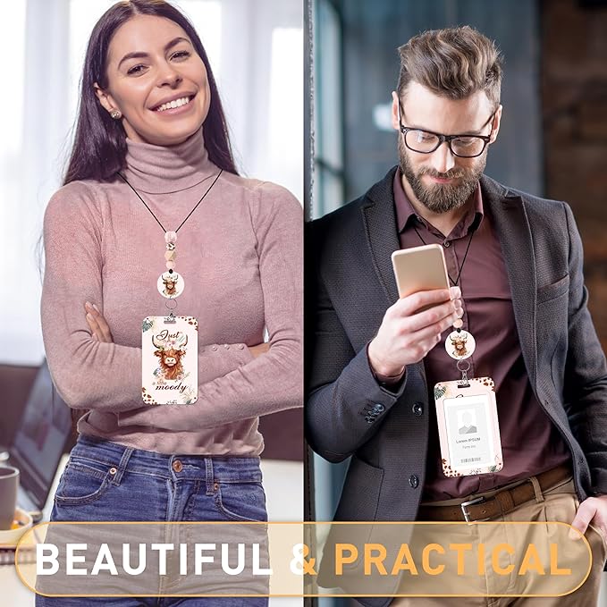 Highland Cow ID Badge Holder with Lanyard, Just a Little Moody Funny Badge Holder with Beaded Adjustable Lanyard, Gifts for Teachers Students Office Workers