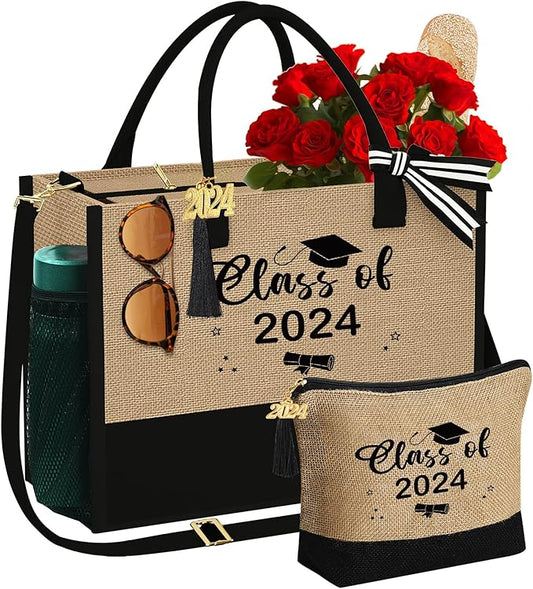 YOOLIFE Christmas Gifts for Women - Initial Jute Tote Bag & Makeup Bag, Birthday Gifts for Women Her Mom Teacher Friend