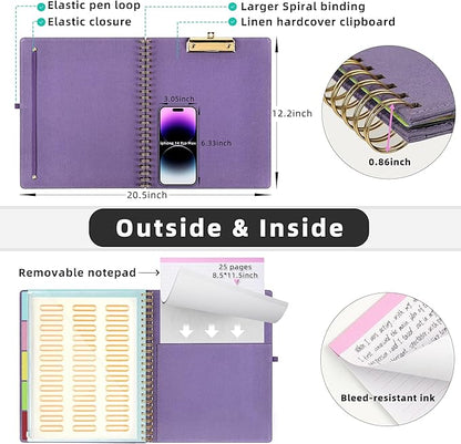 Ospelelf Foldable Spiral Clipboard Folio with Storage Zipper Pouch, 5 Plastic Folders with 10 Pockets,Refillable Lined Notepad (11" x 8.5"), Hardcover Project Organizer with 39 Stickers (Purple)
