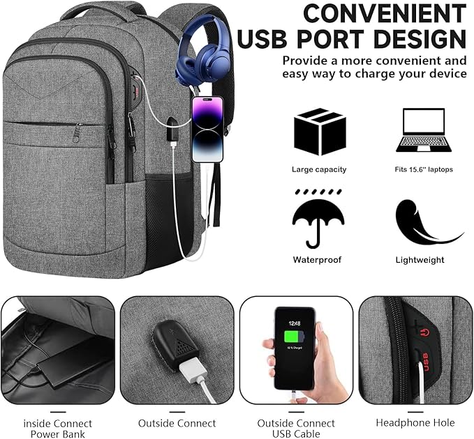 Lapsouno Business Laptop Backpack, Travel Backpack, 15.6 Inch Carry on Backpack, Anti-Theft College School Computer Backpack with USB Port, Gift for Men Women,Grey