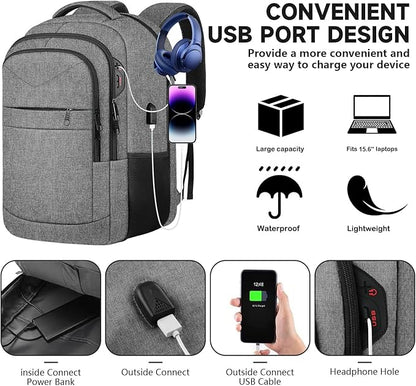 Lapsouno Business Laptop Backpack, Travel Backpack, 15.6 Inch Carry on Backpack, Anti-Theft College School Computer Backpack with USB Port, Gift for Men Women,Grey