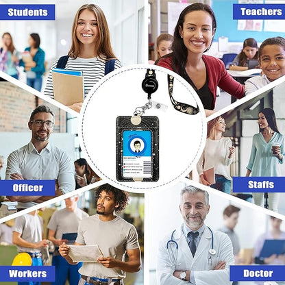 bolimoss Sun and Moon Badge Holder with Retractable Reel and Detachable Lanyard Strap Leather Name Card Protector Adjustable Key Lanyards for Women Nurse Teacher Student