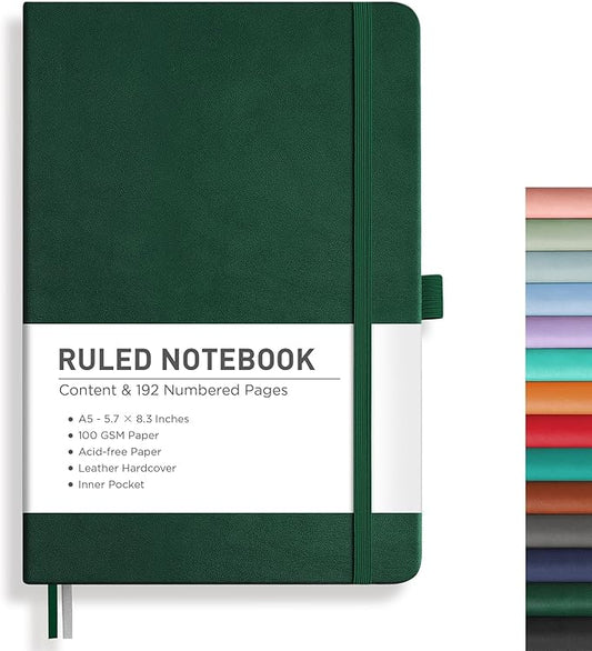 RETTACY Journaling Notebooks, A5 Lined Journal Notebook with 192 Numbered Pages, 5.7'' × 8.3'' Medium Size, for Writing, Work, Office, Leather Hardcover, 100 GSM Thick Paper (Dark Green)