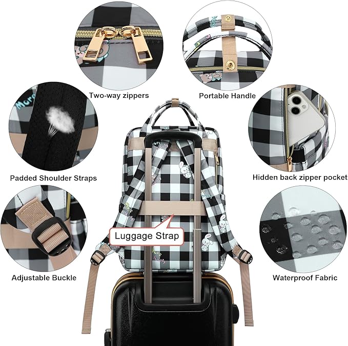 Checkered Laptop Backpack College Bookbag School Backpack for Women Girls, Travel Backpack 15.6 Inch Computer Backpacks (Bear Rabbit Black)