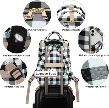 Checkered Laptop Backpack College Bookbag School Backpack for Women Girls, Travel Backpack 15.6 Inch Computer Backpacks (Bear Rabbit Black)