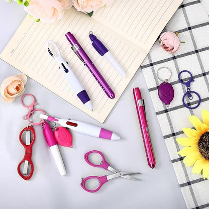 12 pcs Nurse Pen Set Two Colors Pink Purple Include Permanent Marker Pen Pen Lights for Nurses Retractable Ballpoint Pen Nursing Keychain Clip Foldable Scissors LED Flashlight Keychain for Nurses