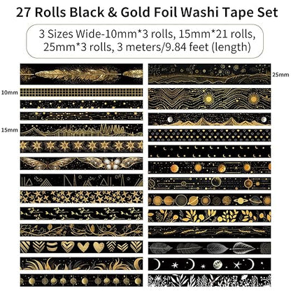 Black Washi Tape Set, 27 Rolls Black Gold Foil Decorative Masking Tape for Bullet Journaling, Scrapbooking Supplies, Watercolor Painting