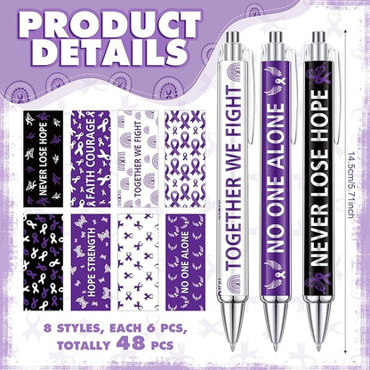 48 Pcs Purple Ribbon Awareness Pens Cancer Awareness Ballpoint Pens Bulk Faith Courage Hope Strength Health Awareness Favor Gifts for Animal Abuse, Alzheimer's, Lupus and Pancreatic Cancer