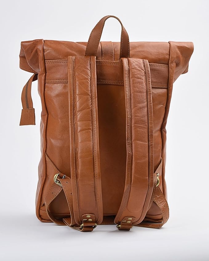 Genuine Leather Backpack for Women, Roll Top Backpack, Laptop Bookbag, Roll On Vintage Rucksack for College, Work & Travel, Brown, Medium - 15.3 Inch