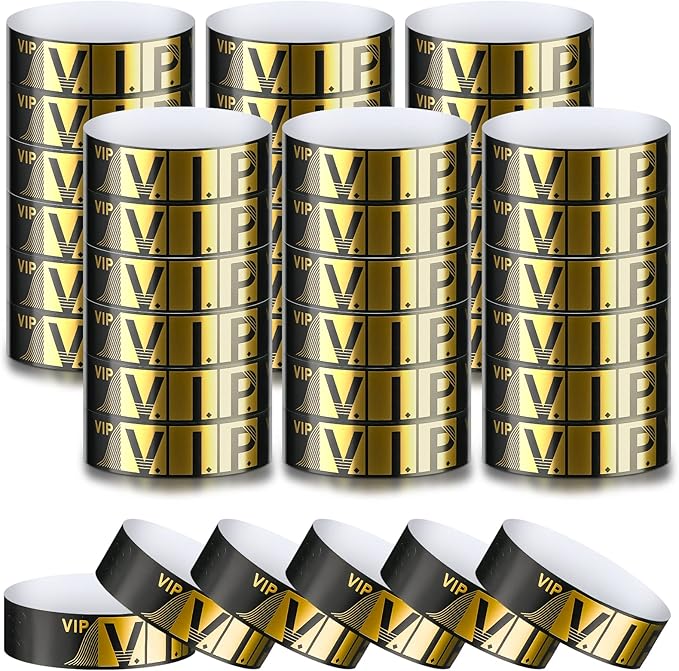 200 Pack VIP Wristbands for Events VIP Bracelets Paper Waterproof Party Wristbands for Events Amusement Parks Concerts Fairs Festivals, 0.79 x 10 Inch(Gold)