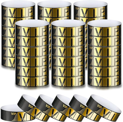 200 Pack VIP Wristbands for Events VIP Bracelets Paper Waterproof Party Wristbands for Events Amusement Parks Concerts Fairs Festivals, 0.79 x 10 Inch(Gold)