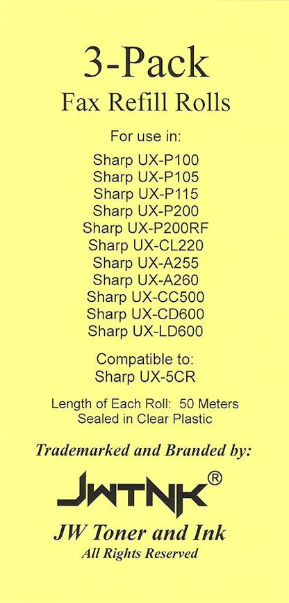 3-pack of UX-5CR Fax Film Ribbon Refill Rolls Compatible with Sharp Fax UX-P100 UX-P105 UX-P115 UX-P200 UX-P200RF UX-CL220 UX-255 UX-A255 UX-260 UX-A260 UX-CC500 UX-CD600 UX-LD600