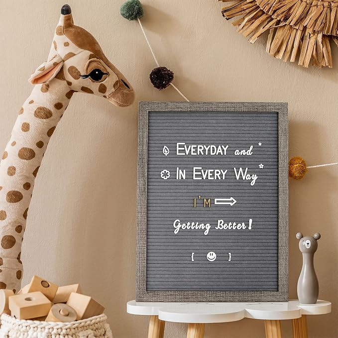 Felt Letter Board 12x16 Inch Rustic Wood Frame,Pre Cut & Sorted 725 Letters with Stand, Dark Grey Changeable Letter Boards Message Board Sign, Classroom Decor Farmhouse Wall Decor Sign Board
