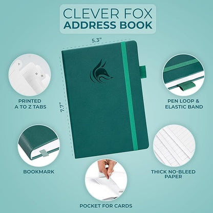 Clever Fox Address Book with alphabetic tabs - PU Leather Telephone and Address Book for Keeping Contacts Safe, Contact Organizer Journal, Medium Size (5.3″ x 7.7″) Hardcover, Dark Teal