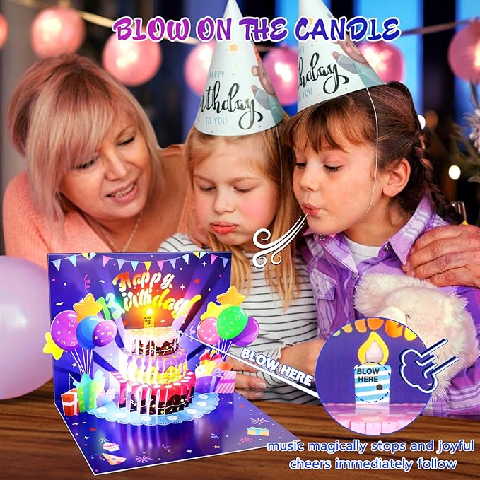 Birthday Cards, Musical Pop Up Birthday Cards with Light, Blow Out LED Light Candle and Play Happy Birthday Music Pop Up Card, Birthday Gifts for Women Men Husband Wife Kids Greeting Cards