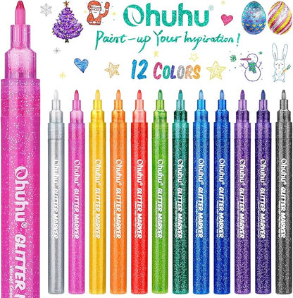 Ohuhu Glitter Markers Pen 12 Glitter Colors Metallic Shimmer Marker Fine Point Tip Water-based Ink for Kids Adults DIY Crafts Greeting Birthday Cards Making Poster Album Scrapbooking Mugs Wood