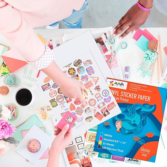 Limia's Care Printable Vinyl Sticker Paper for Inkjet Printer - Glossy White - 15 Self-Adhesive Sheets - Waterproof Decal Paper - Standard Letter Size 8.5"x11"