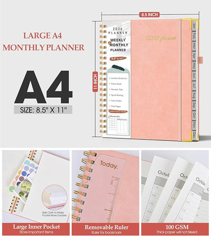2026 Planner, Weekly and Monthly Calendar Planner from January 2026 - December 2026, 8.5" x 11" Hardcover Leather Hourly Appointment Book with Tabs, Spiral Daily Planners for College School Work Home, Pink