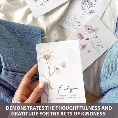 AUDREE 20 Pcs Funeral Thank You Cards with Envelopes Message Inside and Matching Stickers - Bulk 4×6 Watercolor Single Flowers Bereavement Thank You Cards For Funeral