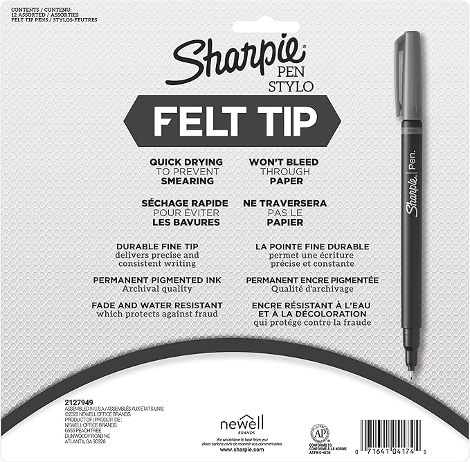 Sharpie Felt Tip Pens, Fine Point Pens (0.4Mm) Felt Tip Markers, Journaling Pens, Art Markers, Drawing Markers, Assorted Colors, 12 Count