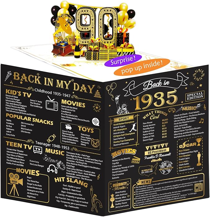90th Birthday Card for Men Women, Funny 3D Pop Up 90th Birthday Gifts for Grandma Mom Dad, Back In 1935 Happy 90 Year Old Birthday Decorations Cards for Her Him