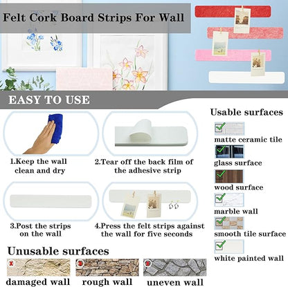 Red & White Bulletin Board Strips, 8Pcs Felt Pin Board Bar Strips with 50 Pushpins, Self-Adhesive Felt Cork Board Strips for Wall to Display Your Notes, Photos, Schedules, Announcements