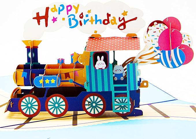 Happy Birthday Train Pop Up Card, 3D Cartoon Train Popup Birthday Gift Cards with Envelope for Father, Kids, Girls, Boys, Daughter, Son, Granddaughter, Grandson, Friend