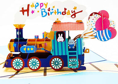 Happy Birthday Train Pop Up Card, 3D Cartoon Train Popup Birthday Gift Cards with Envelope for Father, Kids, Girls, Boys, Daughter, Son, Granddaughter, Grandson, Friend