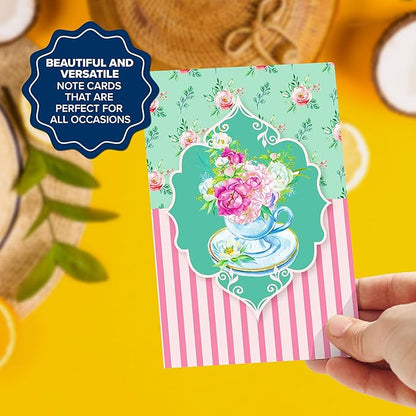 Decorably 24 Pack 4x6in Tea Cup Note Cards with Envelopes and Stickers, 12 Adorable Designs Teacup Note Cards, Blank Inside - Kid's Party, Birthday
