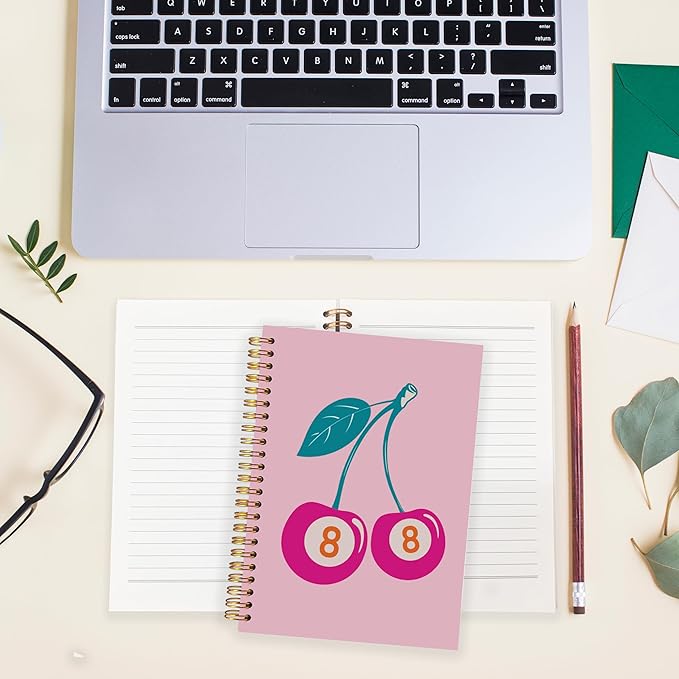BearCake Funky Retro Preppy journal Pink Lucky 8 Ball Cherry Notebook, pink notebook, Pink Office Supplies, light pink notebook, Pink Desk Accessories, Pink Hardcover Spiral Notebook 5.5x8.3