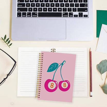 BearCake Funky Retro Preppy journal Pink Lucky 8 Ball Cherry Notebook, pink notebook, Pink Office Supplies, light pink notebook, Pink Desk Accessories, Pink Hardcover Spiral Notebook 5.5x8.3