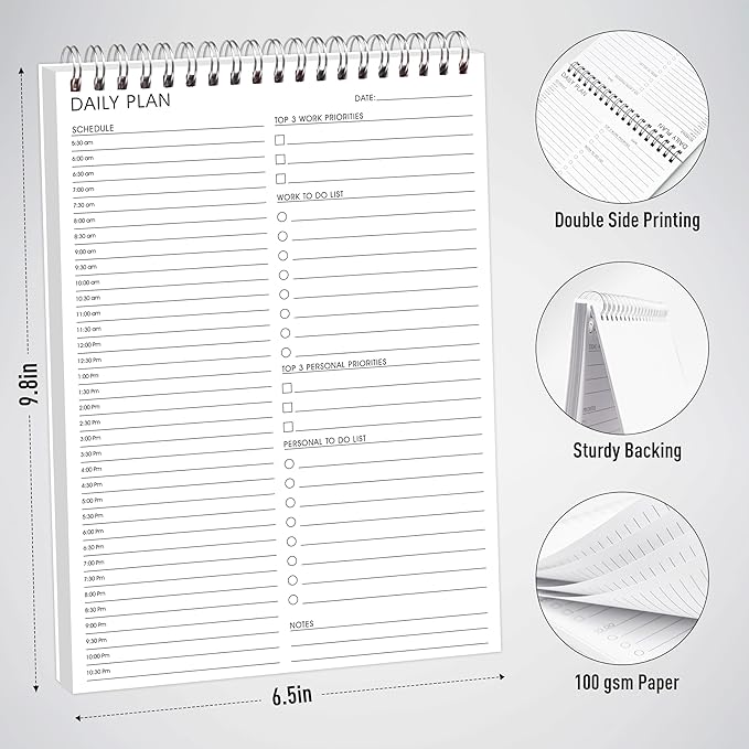 Hourly Schedule Planner To Do List Notepad Daily Planner 52 Double-Sided Sheets Notebook, 6.5" x 9.8",17 Hours for Organizing Work & Personal Life