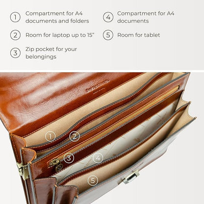 Time Resistance Leather Briefcase for Men - Business Laptop Bag - Italian Handmade Leather Bag - Attache - Gift Box Included