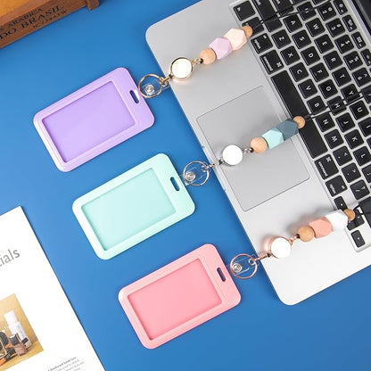 9 in 3 Sets Hexagon Retractable Lanyard for ID Badge Lanyard with ID Holder Breakaway Lanyard Badge Reel Lanyard School Silicone Beaded Lanyard Cute