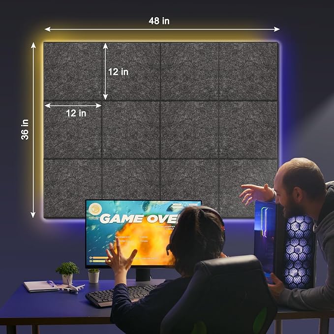 DOLLAR BOSS Large Cork Bulletin Board, 48"x36" Cork Board Wall Tiles 12 Packs 1/2" Thick Corkboards for Walls Self Adhesive Acoustic Panels Soundproof Pin Board with 60 Pushpins, Dark Grey