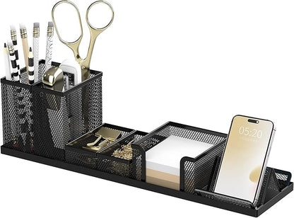 SUPEASY Pen Holder for Desk, 6 Piece Mesh Desk Organizer set, Desk Accessories for Office Organization with Mail Organizer, Letter Phone Holder, Sticky Notes Caddy Storage, Black