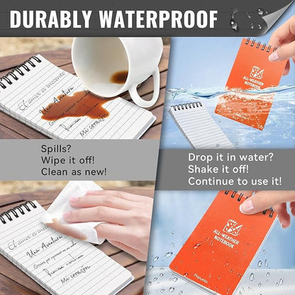POPYOLA 8 Pack Waterproof Pocket Notebook, 3x5 Pocket Notepad, All Weather Mini Spiral Notepad, Write in the Rain Police Notepad with 100 Squared Pages for Outdoor Home Office School, Orange