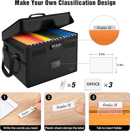 AMBOR File Box with Lock, Fireproof Document Box with 5 Tabs, Collapsible File Organizer with Handle for Home Office for Letter & Legal Folder/Certifications/Books Storage, Black