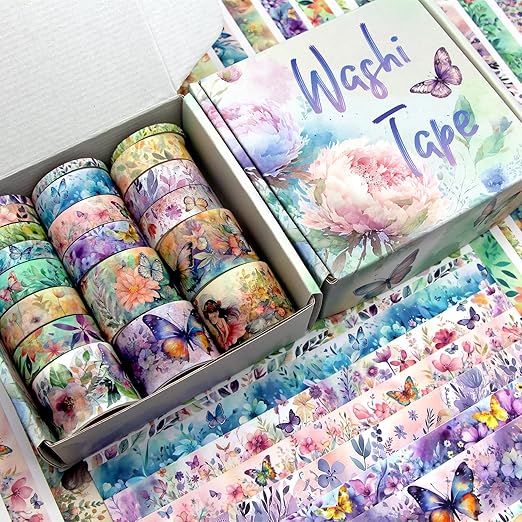 20 Rolls Washi Tape Set - Floral Butterfly Decorative Masking Tape, Adhesive Tape for Bullet Journal Supplies, Junk Journal, Diy Craft, Scrapbooking Supplies, Gift Wrapping, Party Decoration