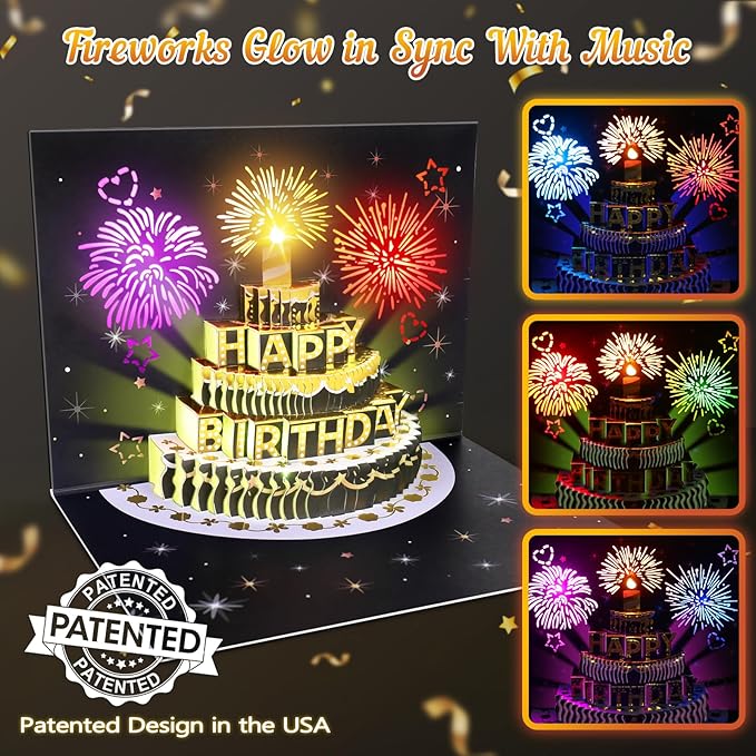 Birthday Cards Birthday Gifts for Women Fireworks Pop Up Cake Light and Music Happy Birthday Card Gift for Women, Men, Mom, Grandma