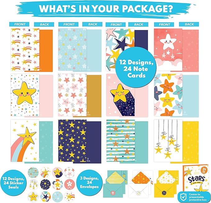 Decorably 24 Pack 4x6in Star Notecards with Envelopes and Stickers, 12 Charming Designs Star Cards, Blank Inside - Kid's Party, Birthday