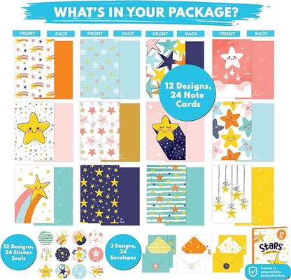 Decorably 24 Pack 4x6in Star Notecards with Envelopes and Stickers, 12 Charming Designs Star Cards, Blank Inside - Kid's Party, Birthday