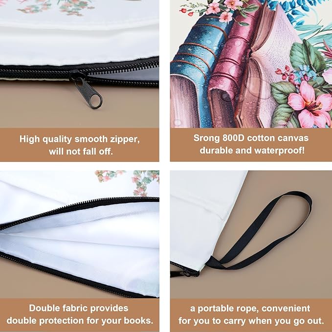 Book Sleeve Pouch Waterproof Book Sleeves with Zipper and Front Pocket,Book Covers for Paperback,Floral Print Book Protector Bag with Handle for Book Lovers Bibliophile Gifts(11.8 * 9.4inch)