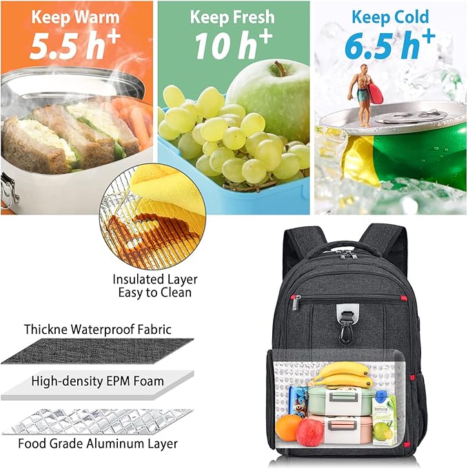 BIKROD Lunch Backpack, Insulated Cooler Lunch Bag Backpack, Large Travel 17.3 Laptop Back Pack Sturdy Computer College School Bookbag for Women Men for Men Women Work Hiking Picnic