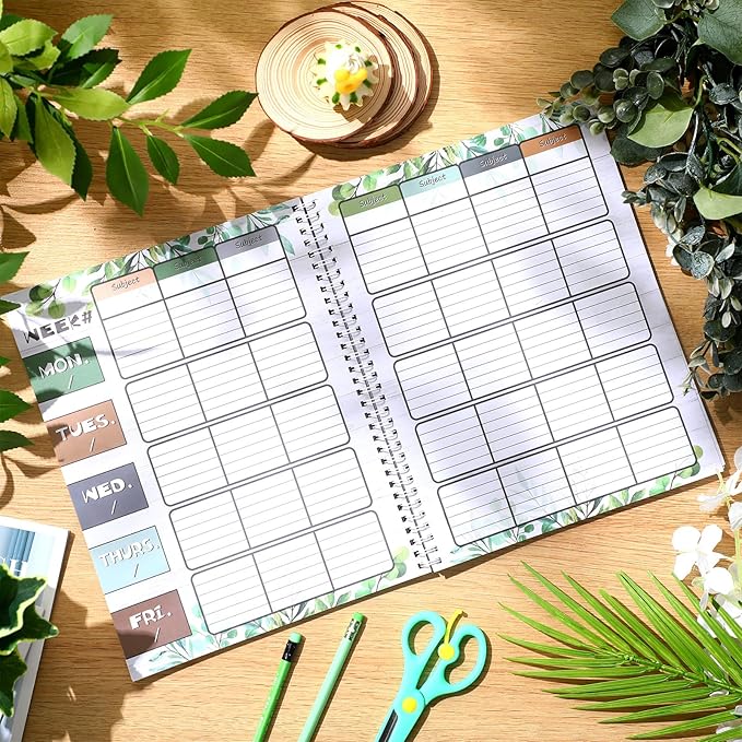 Eucalyptus Teacher Planner Undated Academic Year Teacher Lesson Planner Book Green Plants Daily Weekly Monthly Spiral Planner Checklist Organizer with Stickers for Classroom, 8.5'' x 11''