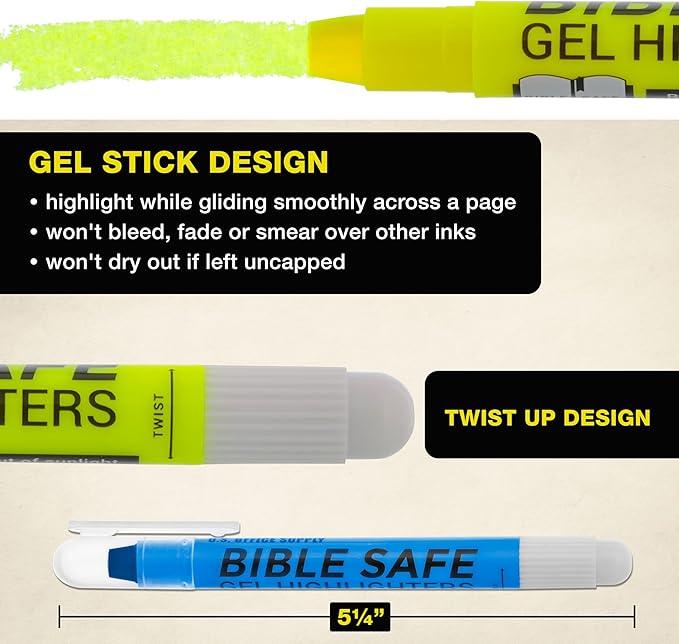 U.S. Office Supply Bible Safe Gel Highlighters, Pack of 16-2 Sets of 8 Bright Neon Fluorescent Highlight Colors Yellow, Orange, Pink, Purple, Green, Blue - Won't Bleed, Fade or Smear - Study Guide