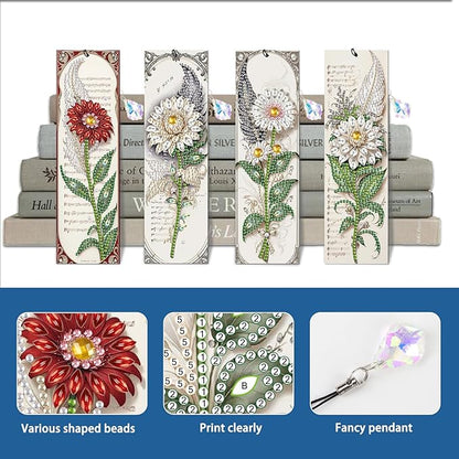 4-Piece 5D Diamond Painting Floral Bookmarks Set, DIY Craft Kit with Colorful Rhinestones, Flower Design Diamond Art Craft Bookmarks with Tassels, Ideal for Adults, Great Gift for Book Lovers