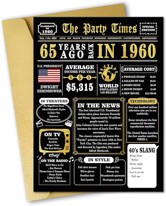 Big 65th Birthday Card for Women Men, Jumbo 65th Birthday Gift for Mom Dad, Unique 65 Year Old Bday Gifts Cards for Grandma Grandpa, Vintage Black Gold 65 Birthday Party Decoration