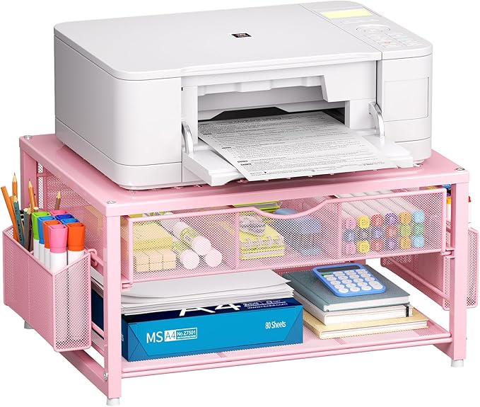 Marbrasse Metal Printer Stand for Desk with Storage Drawer and 2 Pen Holders, 2-Tier Desktop Organizer Printer Table for Home Office, Multi-Purpose Desk Organizer for Fax Machine Scanner Files(Pink)